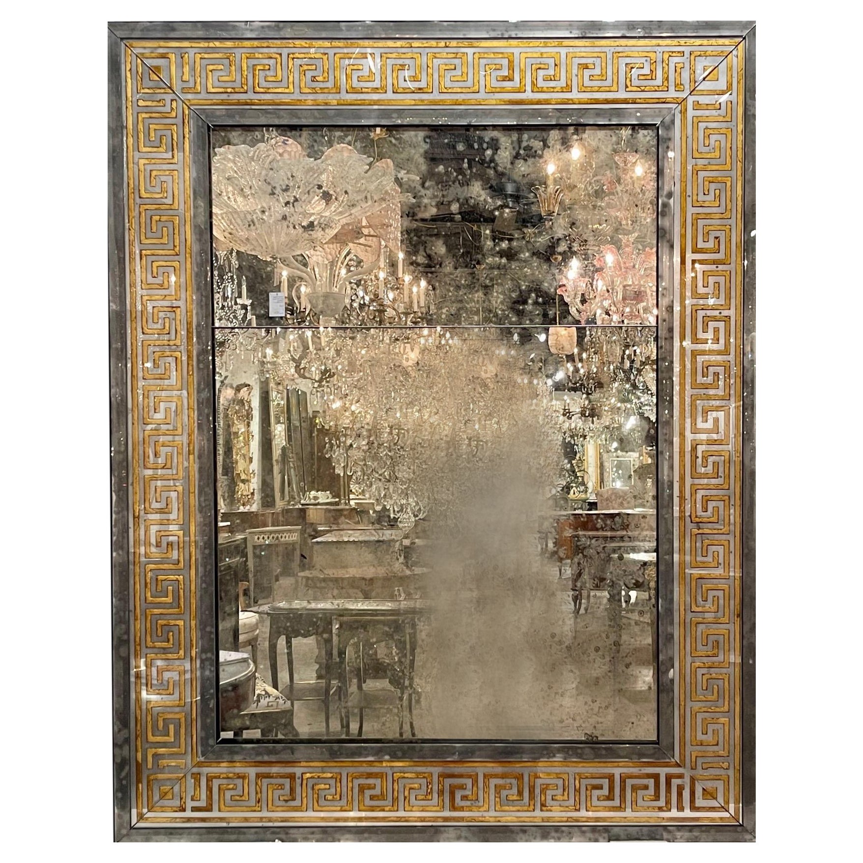 French Jansen Style Distressed Mirrors with Eglomise Greek Key Border