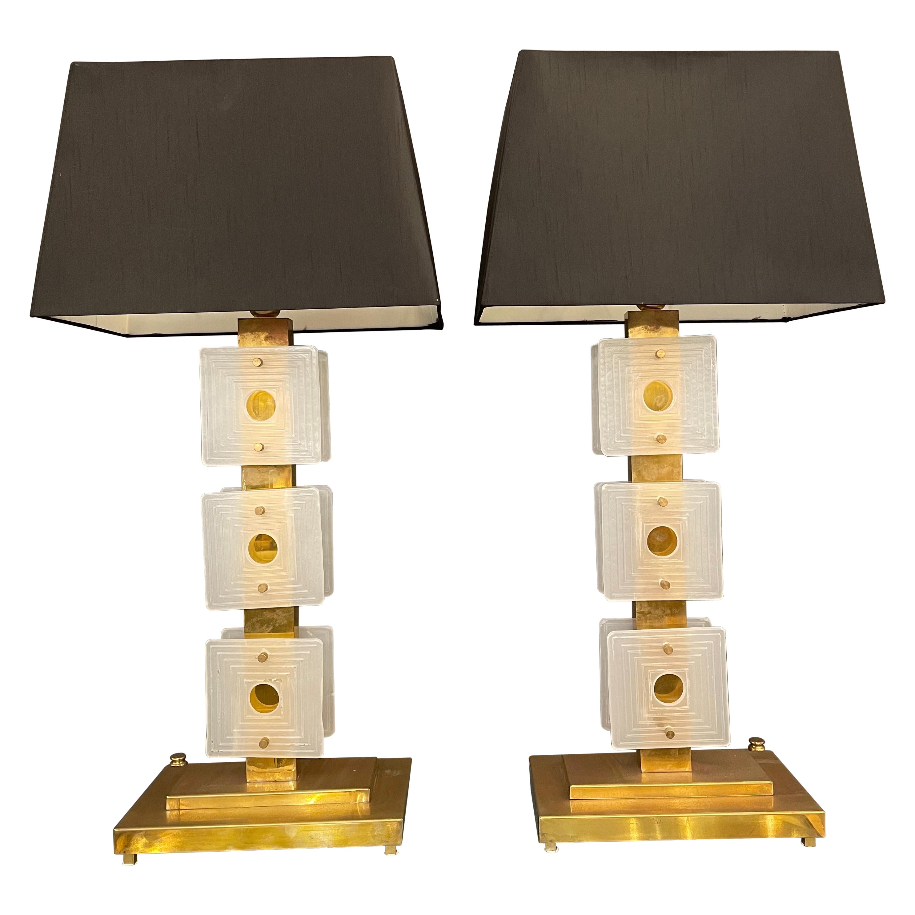 Pair of Italian Table Lamps in Brass and Murano Glass Decoration, circa 1980s