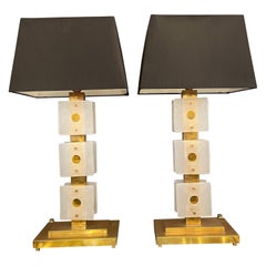 Vintage Pair of Italian Table Lamps in Brass and Murano Glass Decoration, circa 1980s