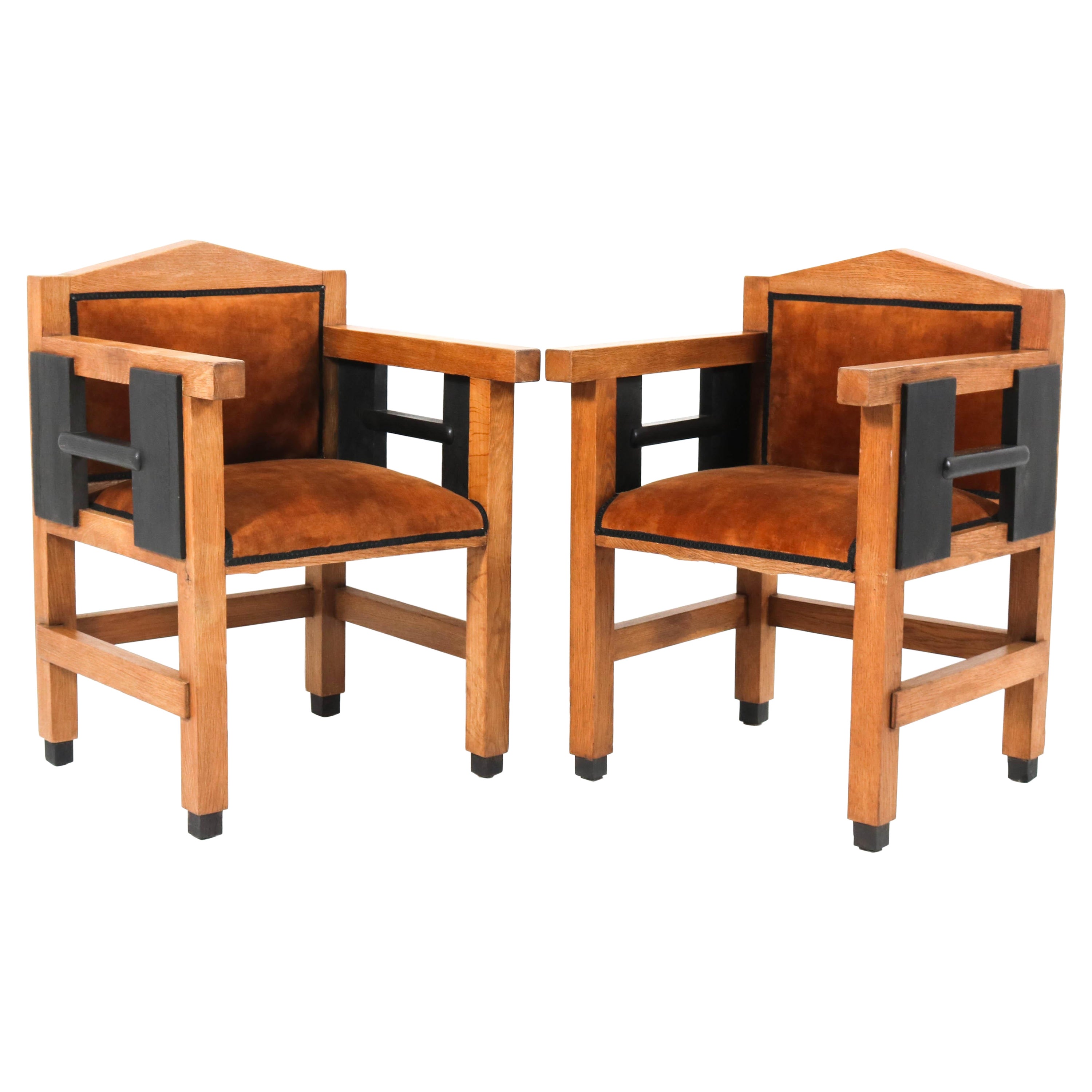 Two Oak Art Deco Haagse School Armchairs by Jacques Grubben, 1930 For Sale
