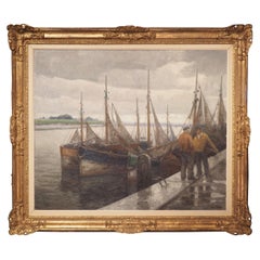 Large Oil on Canvas in Giltwood Frame, “Fishing Boats in the Port”, Louis Clesse