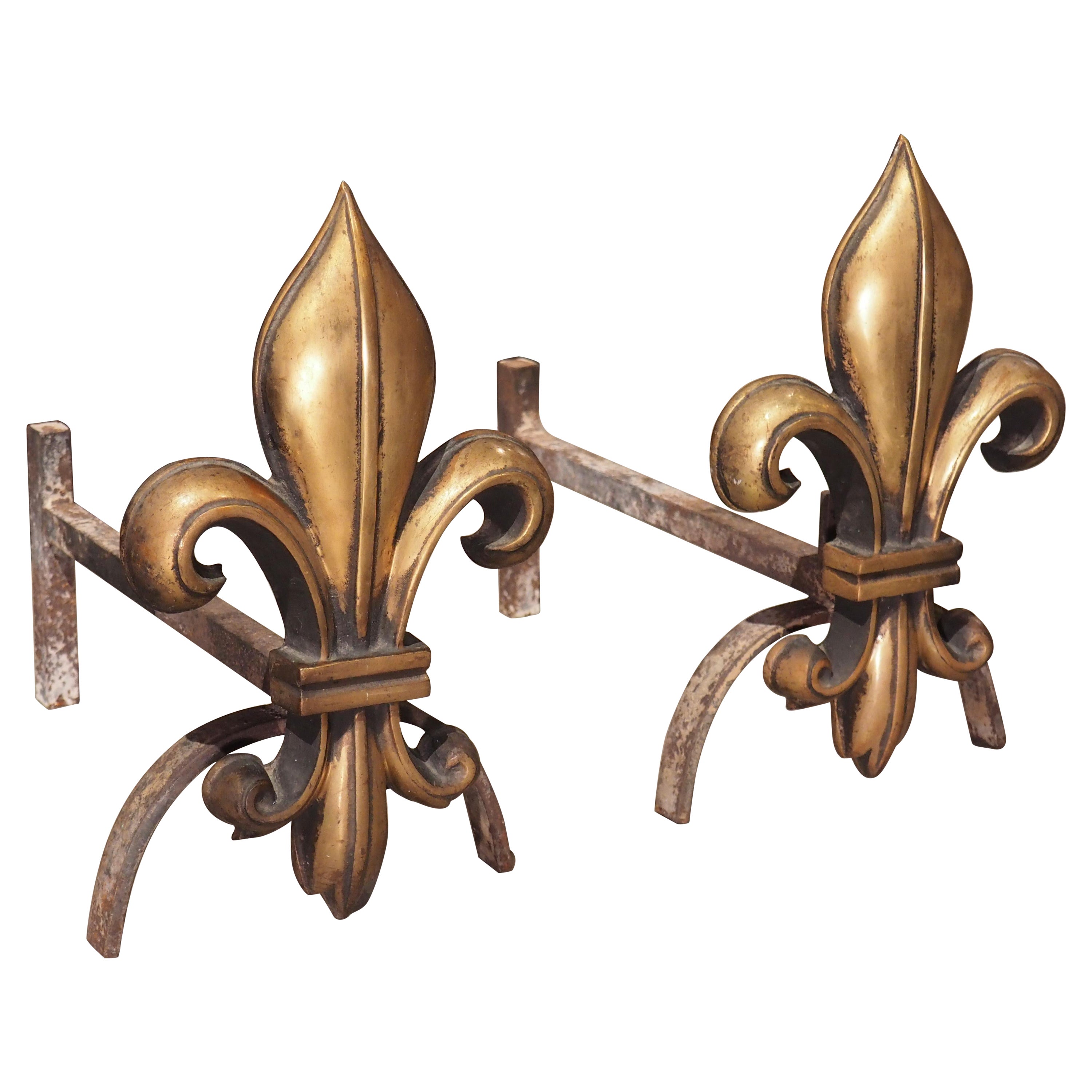 Pair of French Bronze and Wrought Iron Fleur De Lys Chenets, Circa 1920s For Sale
