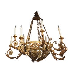 Large 18th Century Painted Tole, Iron and Wood Ten-Light Chandelier from Italy