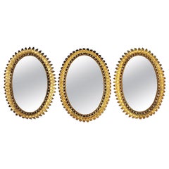Oval Sunburst Mirrors in Gold Gilt Iron, Set of Three