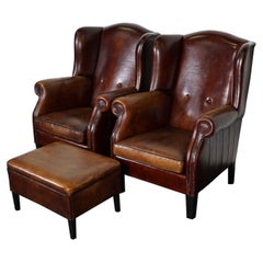 Vintage Dutch Cognac Leather Club Chairs, Set of 2 with Hocker
