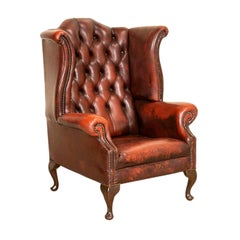 Vintage Red Leather Tall Wingback Arm Chair from England