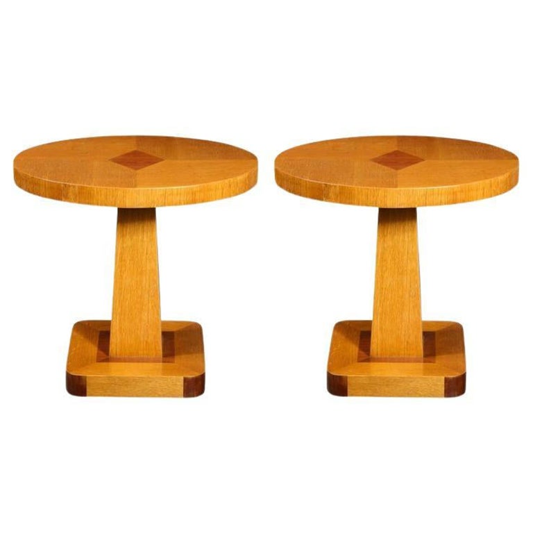 Pair of Mid Century End Tables in Hand Rubbed Bookmatched Elm w/ Walnut Inlay For Sale