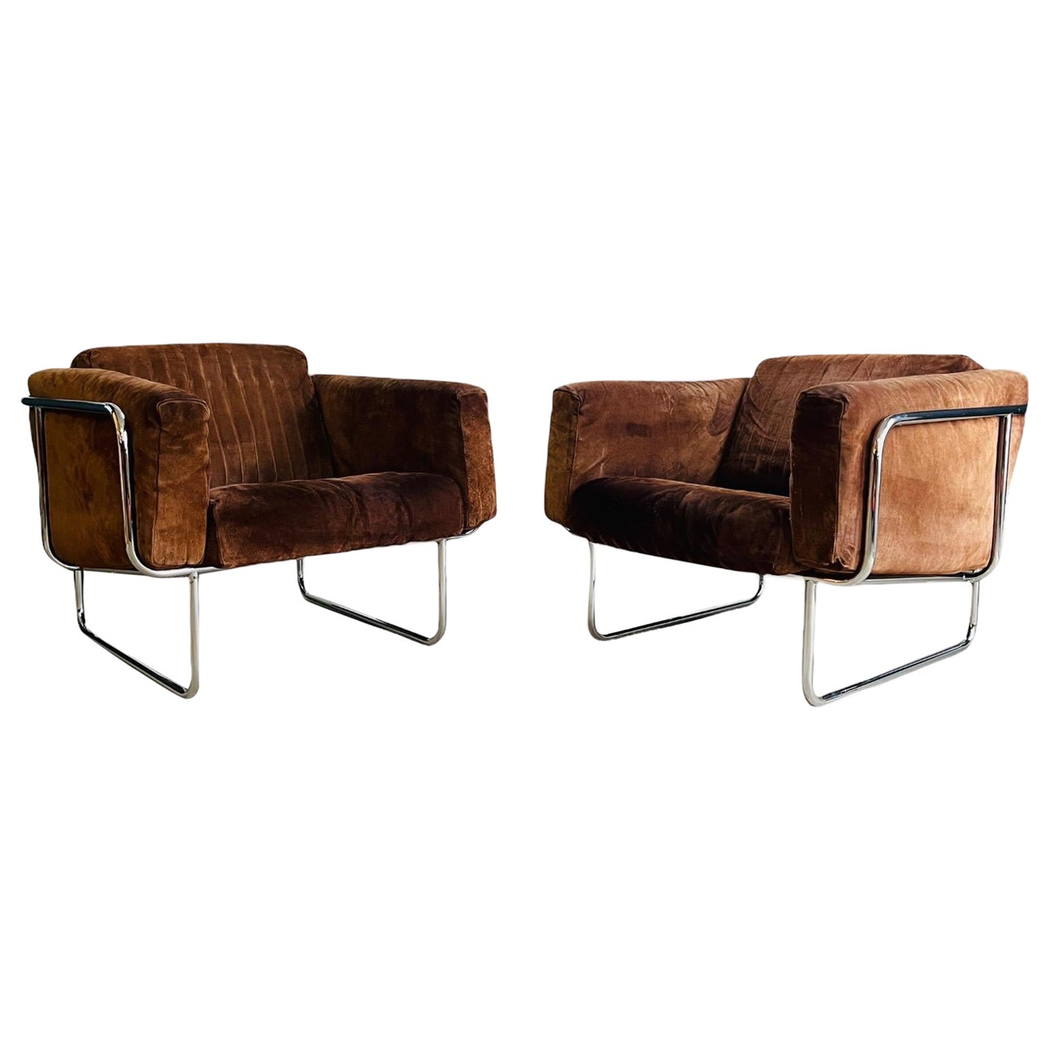Pair Danish Modern Chrome Lounge Chairs by Hans Eichenberger