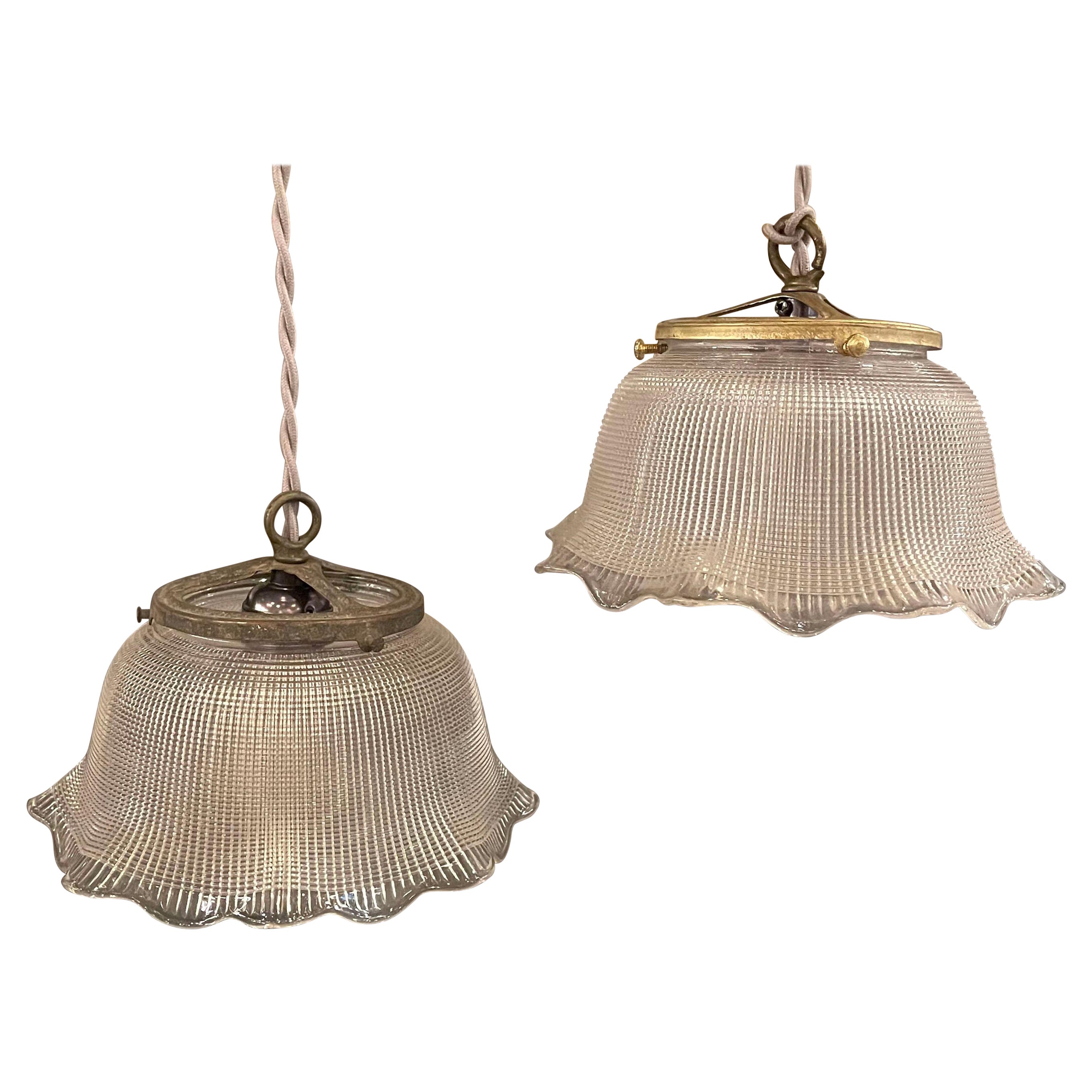 Industrial Ruffled Bell Holophane Glass Pendants Lights For Sale