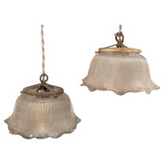 Antique Industrial Ruffled Bell Holophane Glass Pendants Lights