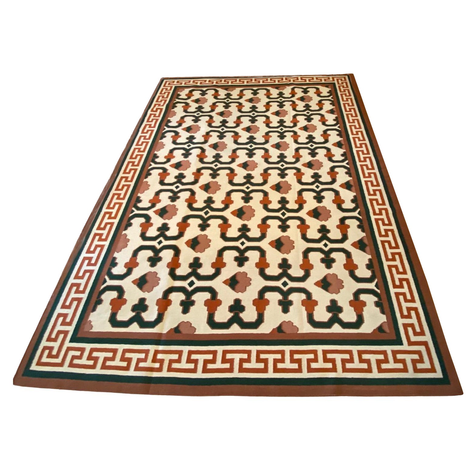 Vintage Hand-Woven Geometric Kilim Rug with Greek Key Border