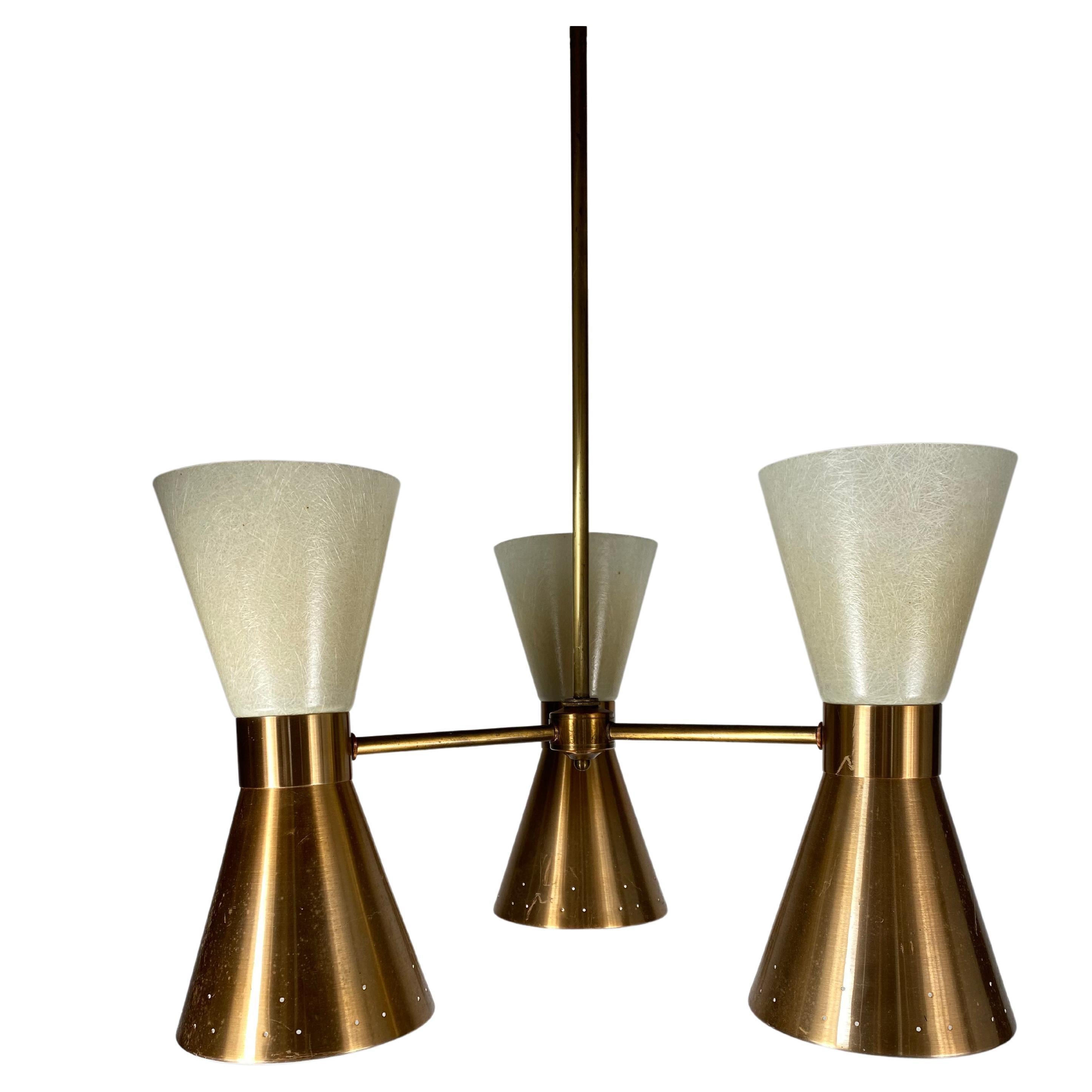 Mid-Century Modern 3-Cone "Hourglass" Hanging Pendant Attributed to Lightolier For Sale