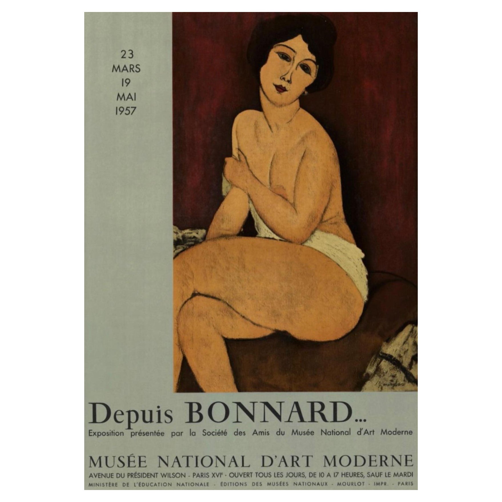 Affiche originale d'exposition d'œuvres d'art vintage MODIGLIANI DEPUIS BONNARD, 1957 en vente