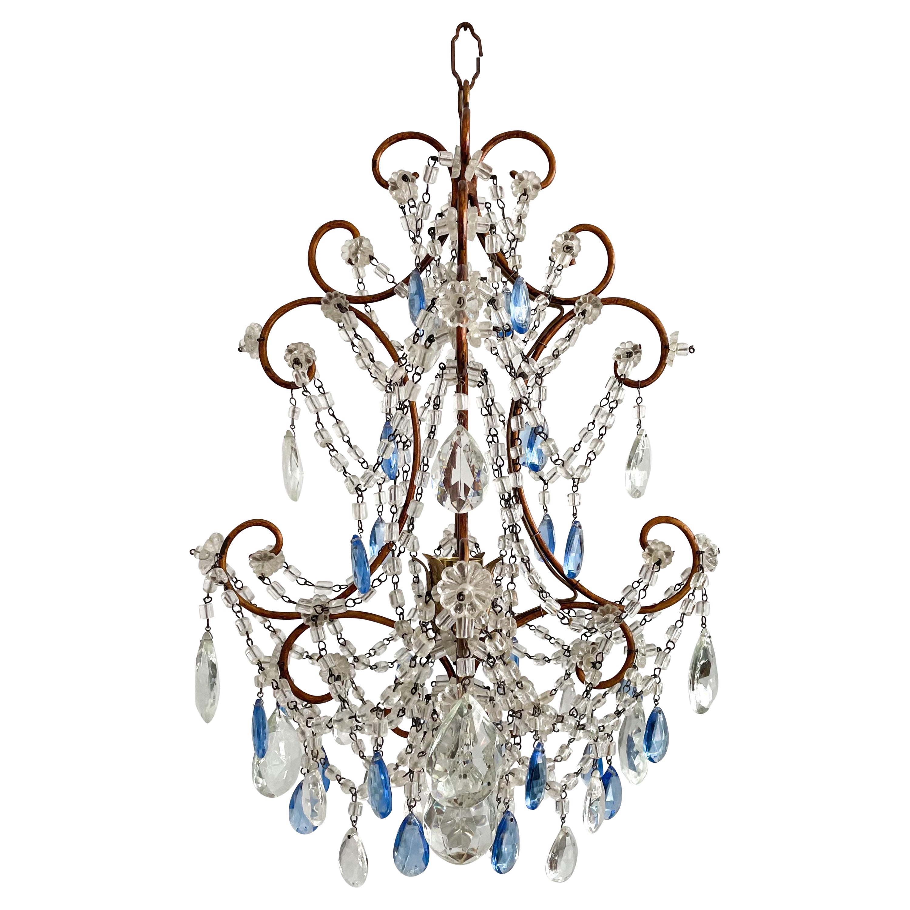 Italian Petite-Scale Beaded Chandelier with Blue Drops