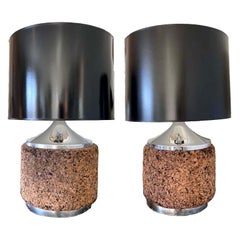 Cork and Chrome Table Lamps with Black Shades