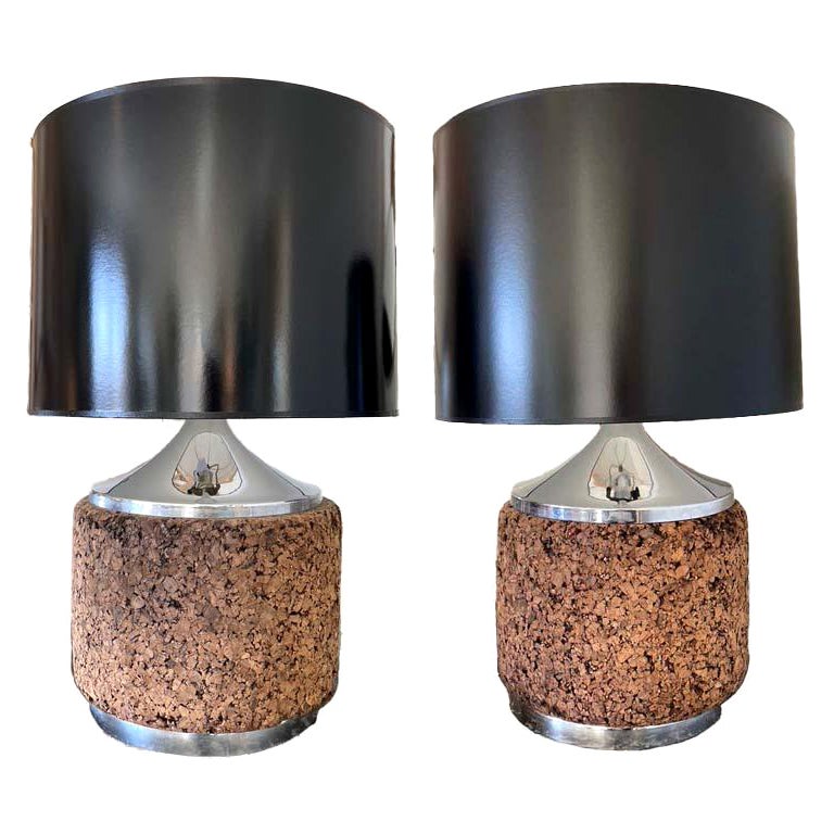 Cork and Chrome Table Lamps with Black Shades For Sale