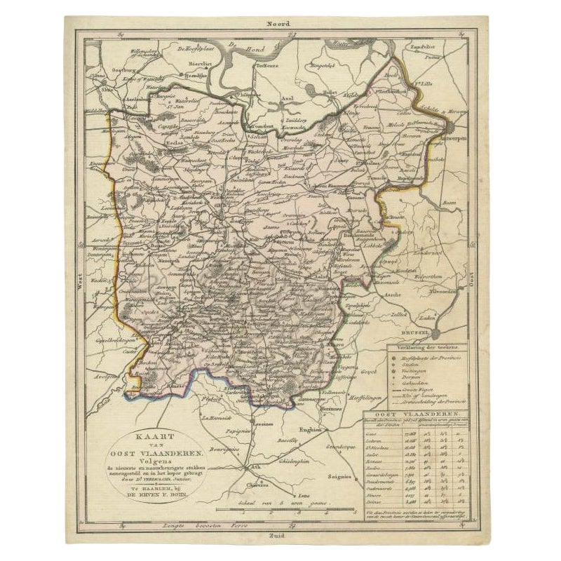 Carte ancienne des Flandres orientales, Belgique, vers 1840