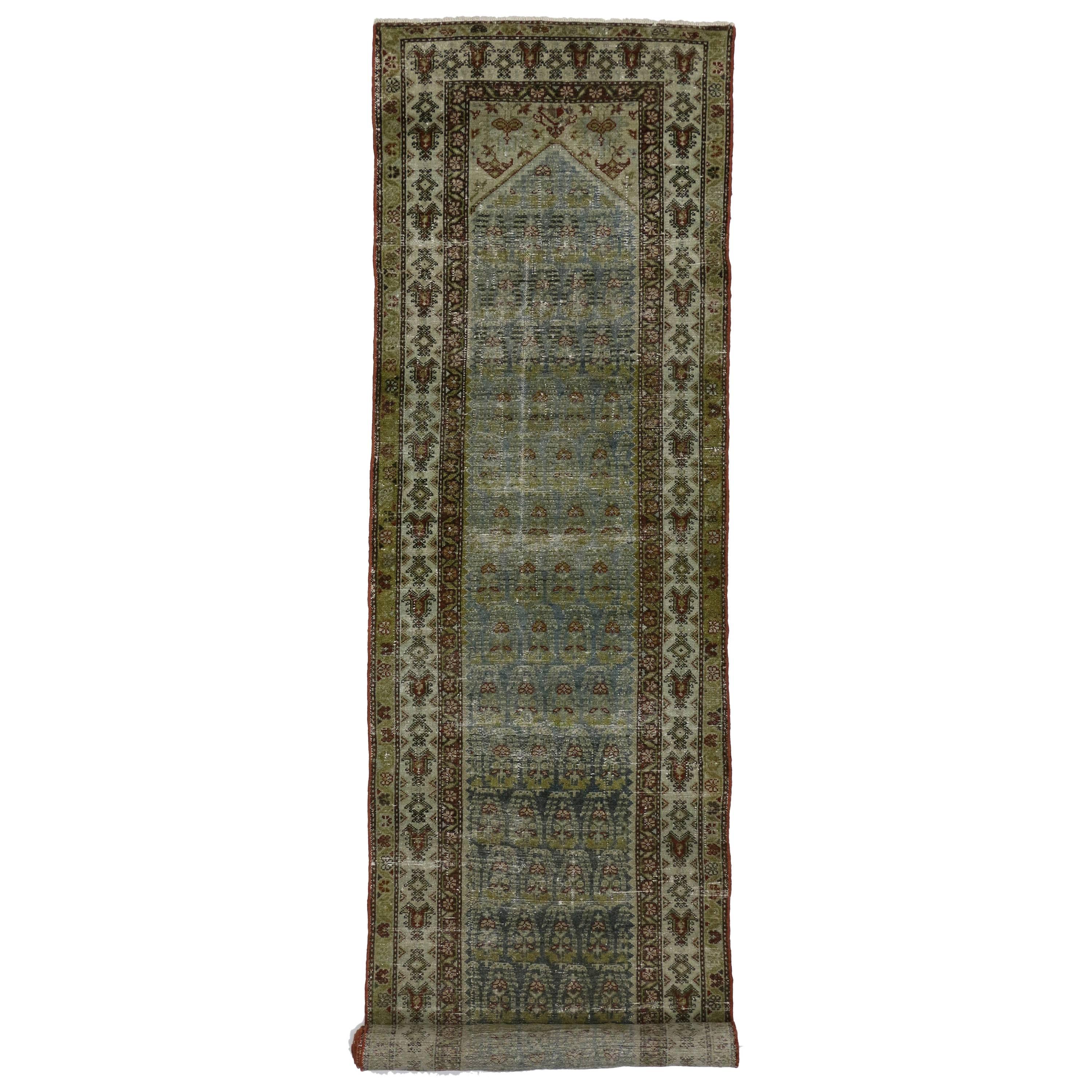 Distressed Antique Persian Malayer Runner with Modern Gustavian Style For Sale 2