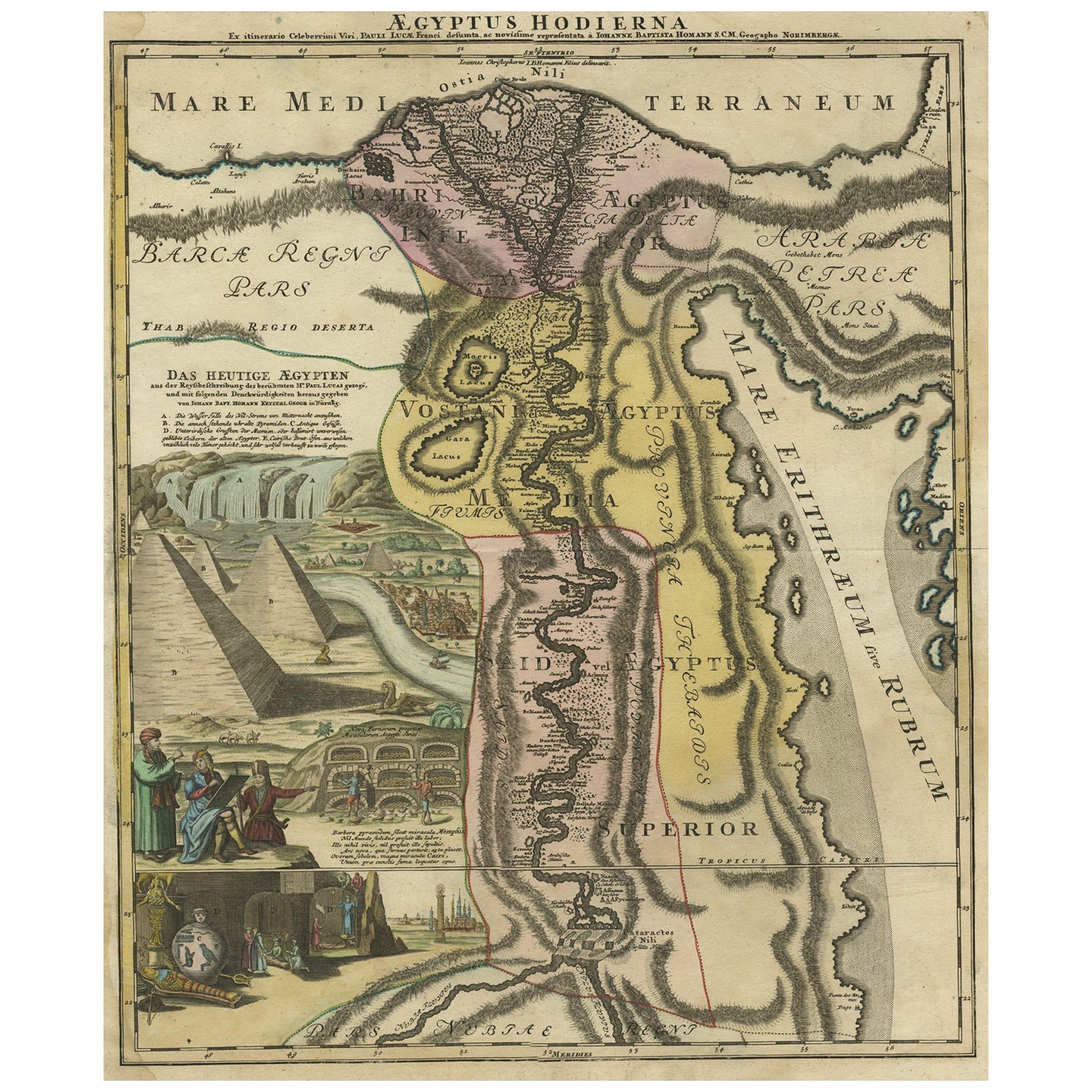 Antique Map of Egypt and the Nile River with Sphinx, Pyramids, Etc, c.1720