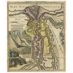 Antique Map of Egypt and the Nile River with Sphinx, Pyramids, Etc, c.1720