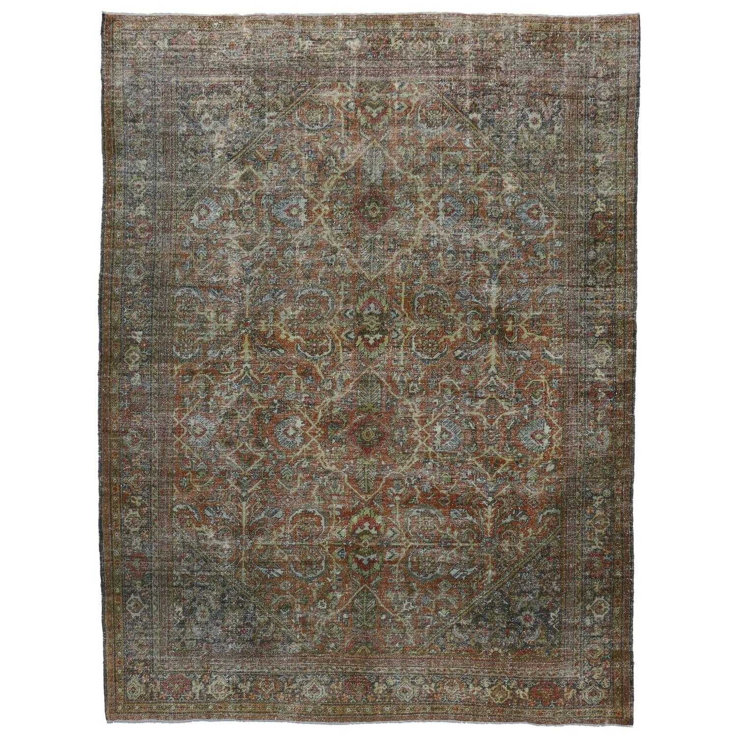 Distressed Vintage Persian Mahal Area Rug with Modern Industrial Style