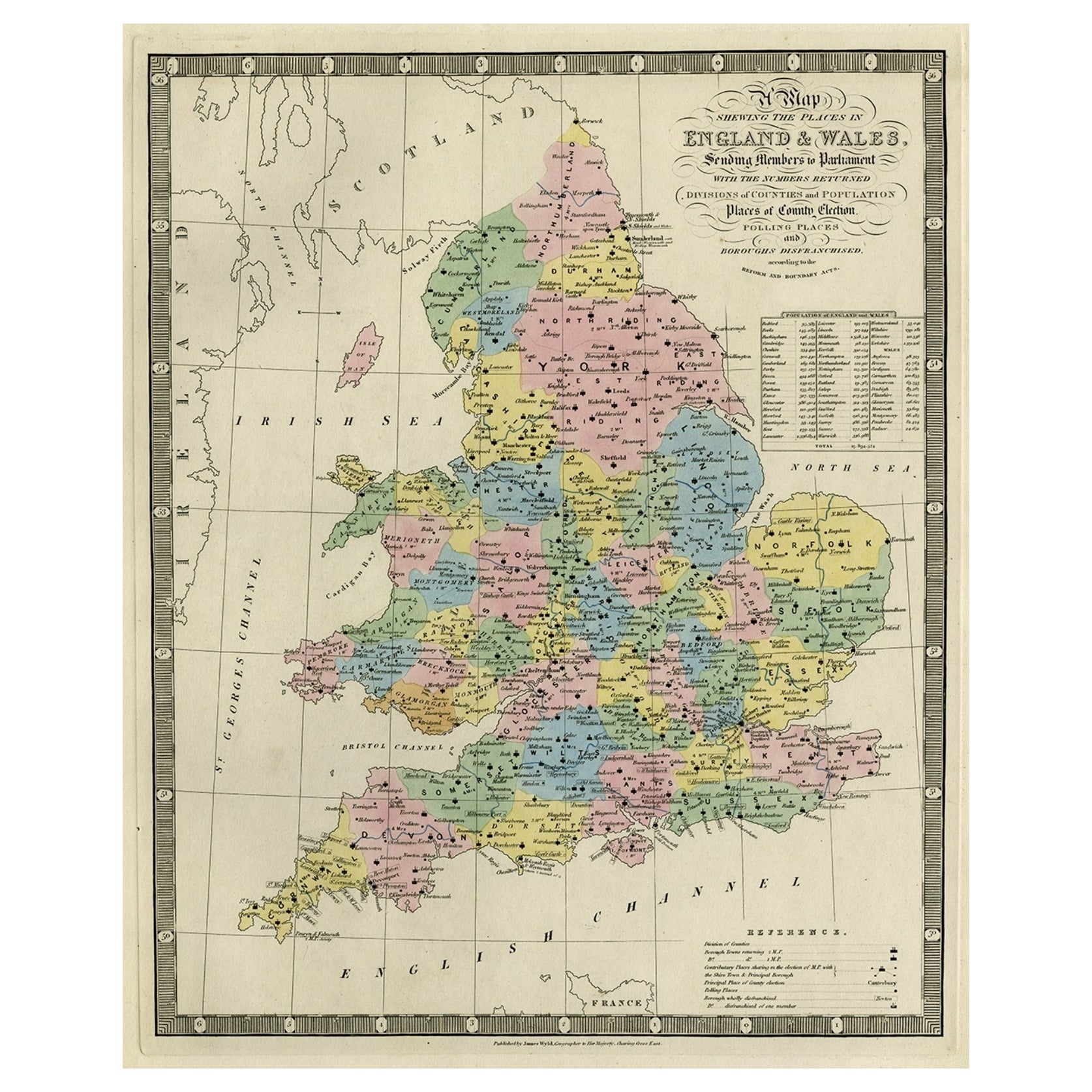 Bunte antike Karte von England und Wales, geteilt in Grafschaften, 1854