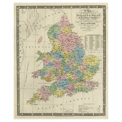 Colourful Antique Map of England and Wales Divided in Counties, 1854