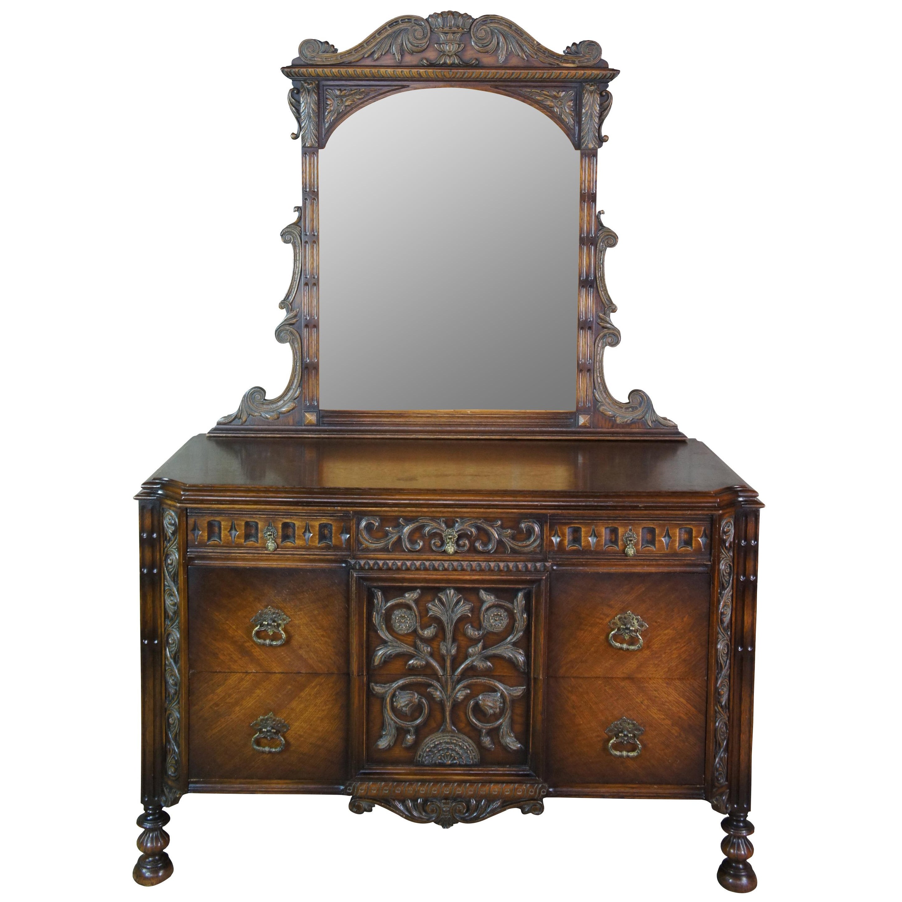 American Furniture Gothic Revival Oak Mirrored Vanity Dresser Chest of Drawers 7
