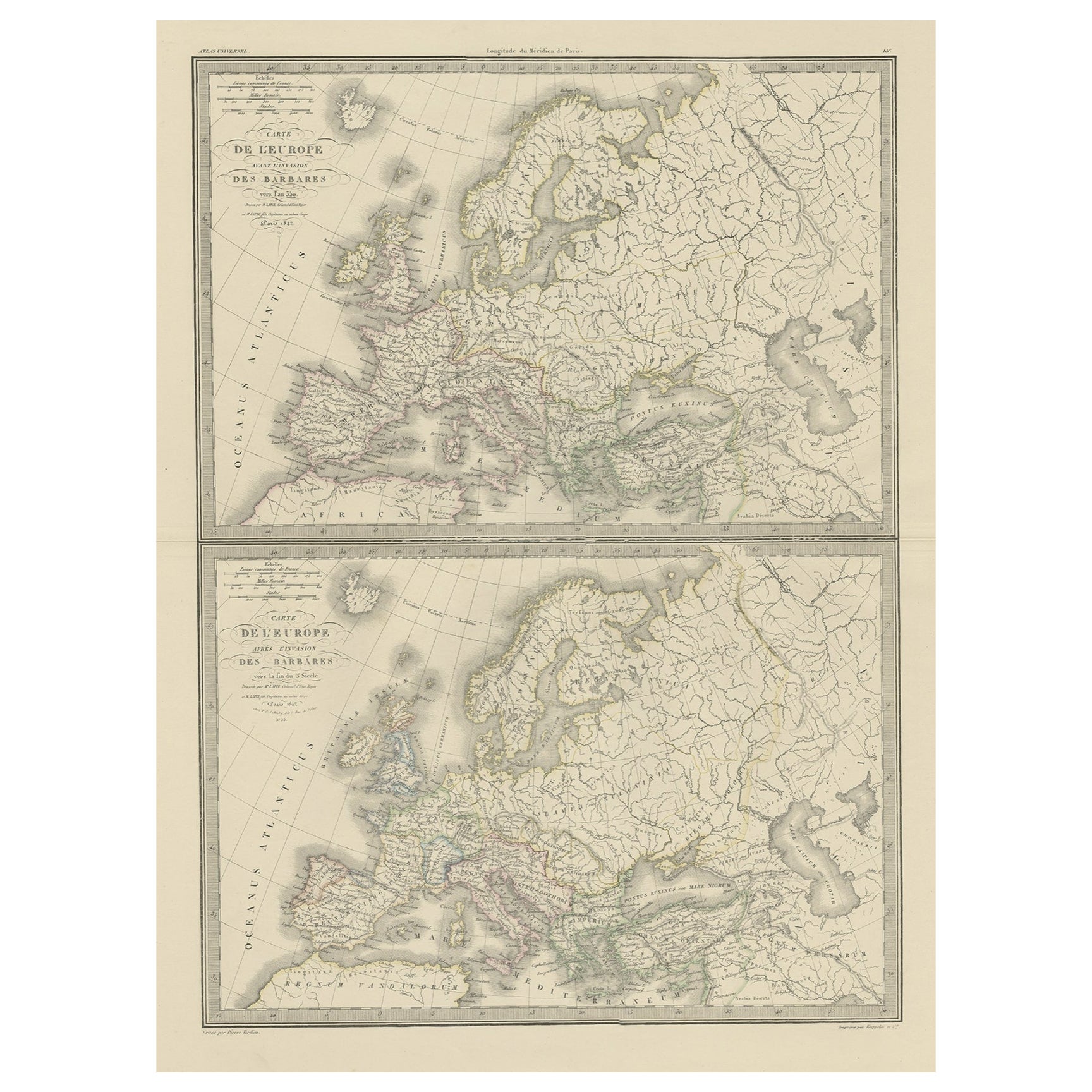 Two Antique Maps of Europe on One Sheet in Different Time Periods, 1842 For Sale