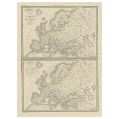 Two Antique Maps of Europe on One Sheet in Different Time Periods, 1842