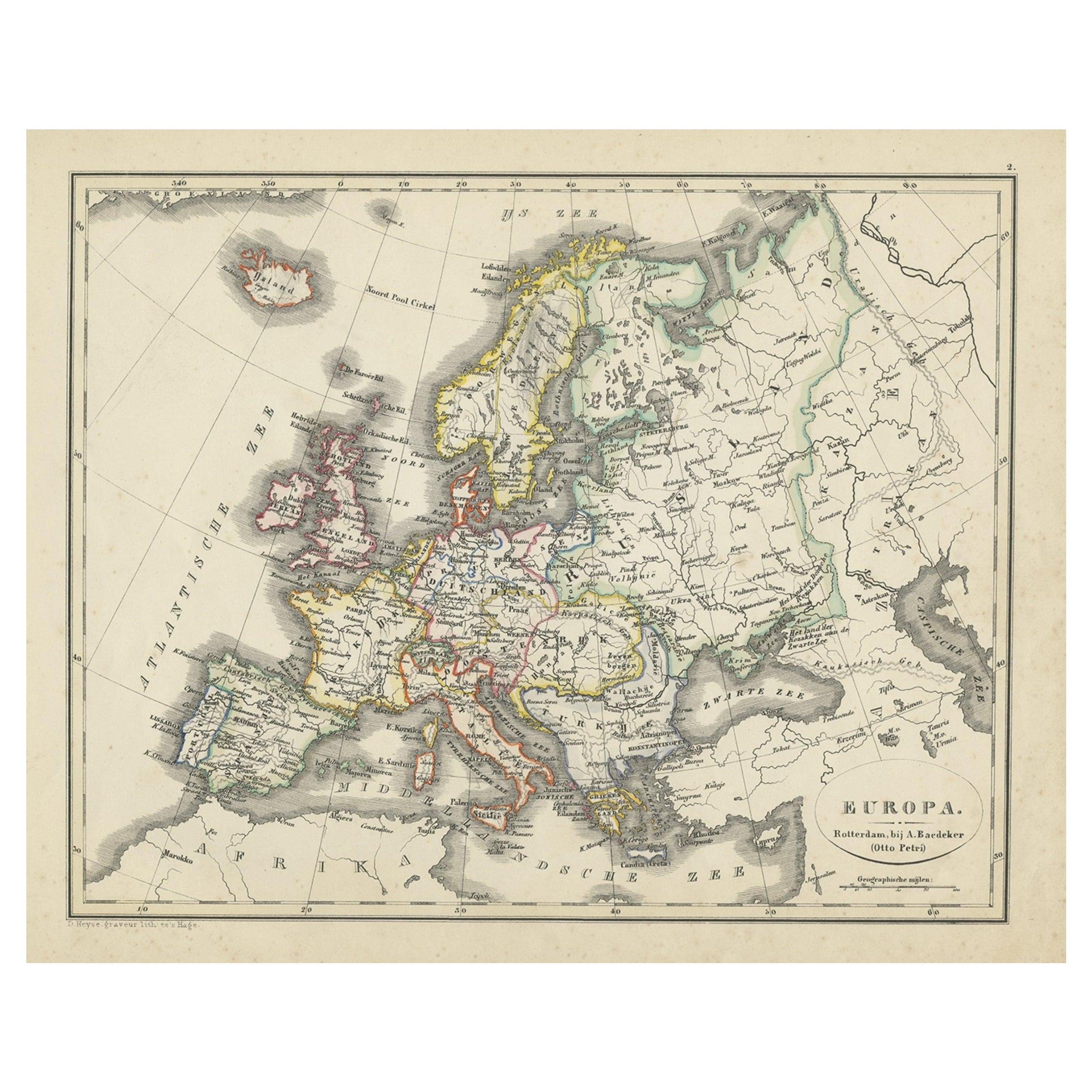 Antique Map of Europe from an Old Dutch School-Atlas, 1852 For Sale