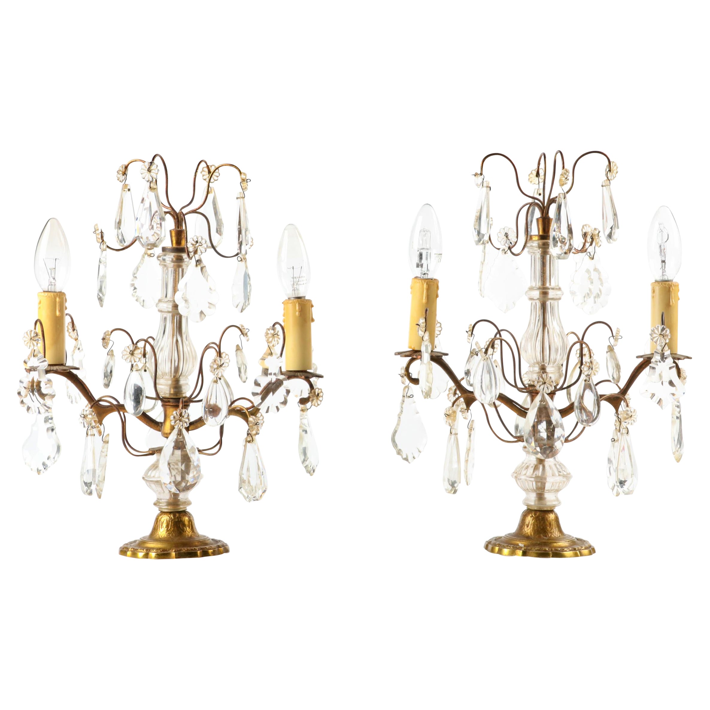 Early 20th Century Bronze and Crystal Girandoles Table Lamps