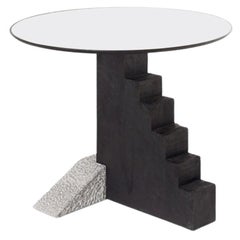 Wood, Stone, and Mirror Round Staircase Table By Rooms Studio
