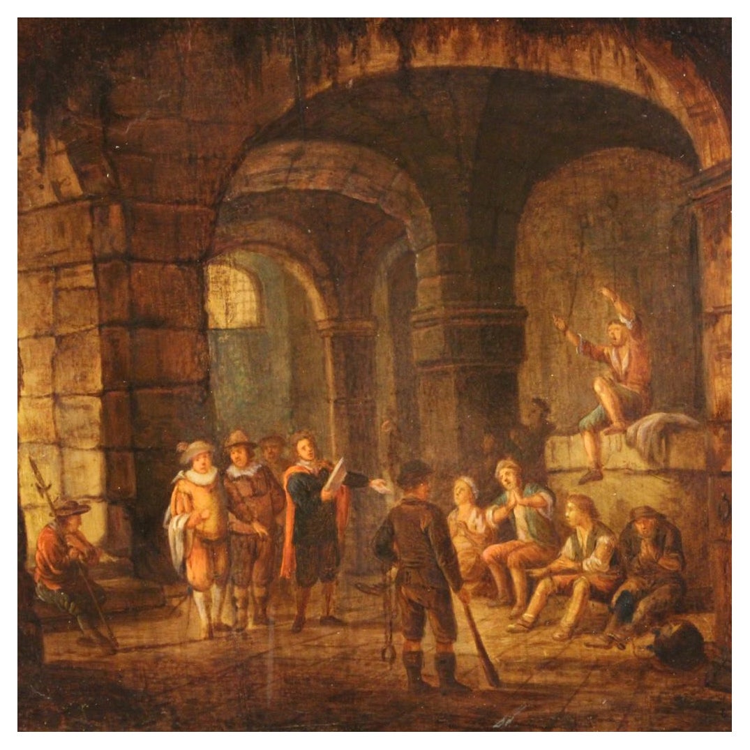 18th Century Oil on Panel Antique Flemish Signed Painting Interior Scene, 1780