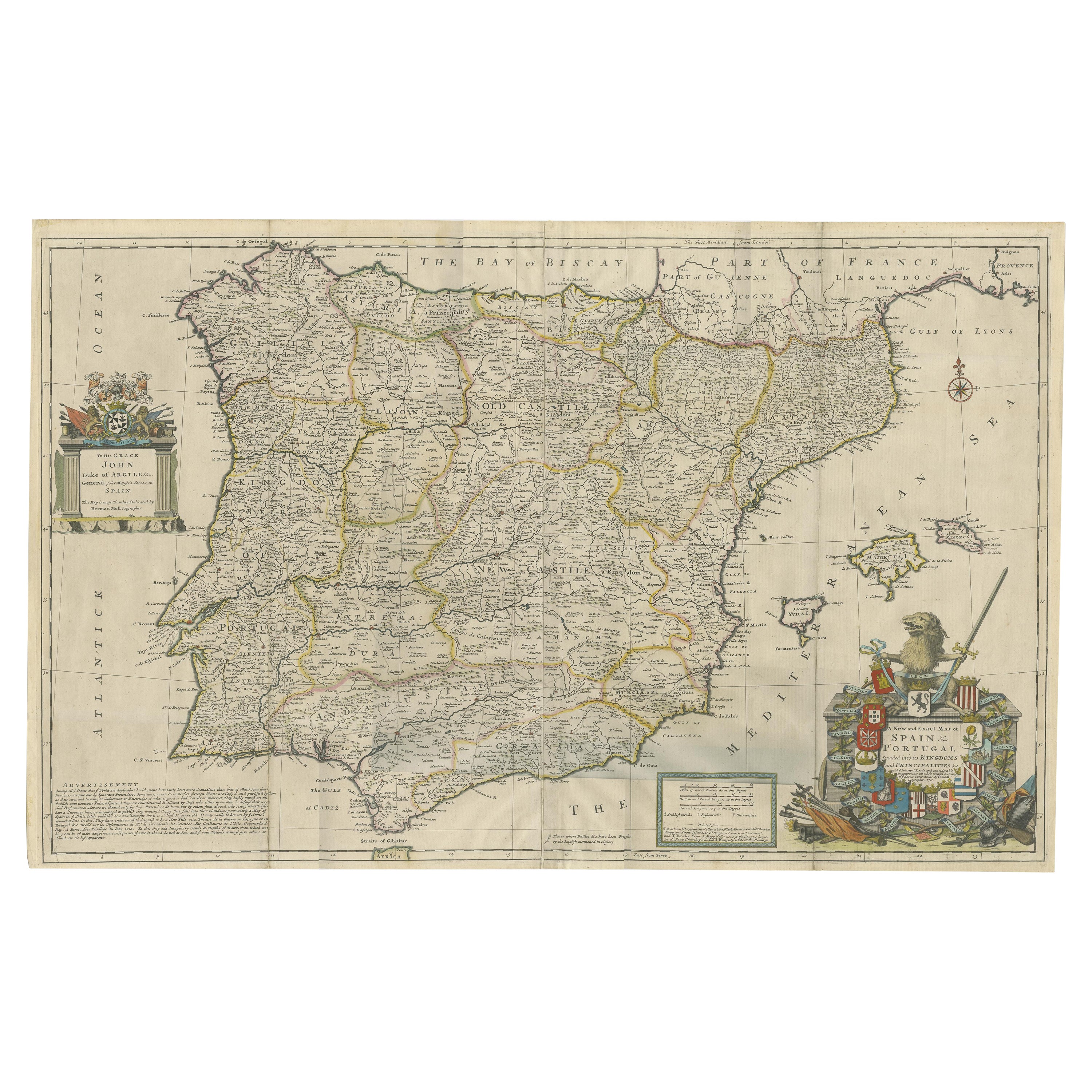 Beautiful Large Scale Map of Spain and Portugal Published by Herman Moll in 1711 For Sale