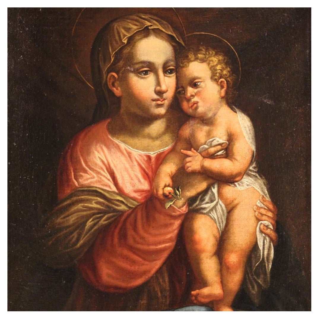 17th Century Oil on Canvas Antique Religious Italian Painting Virgin with Child