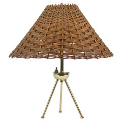 Midcentury Rattan and Brass Table Lamp, Germany 1950s
