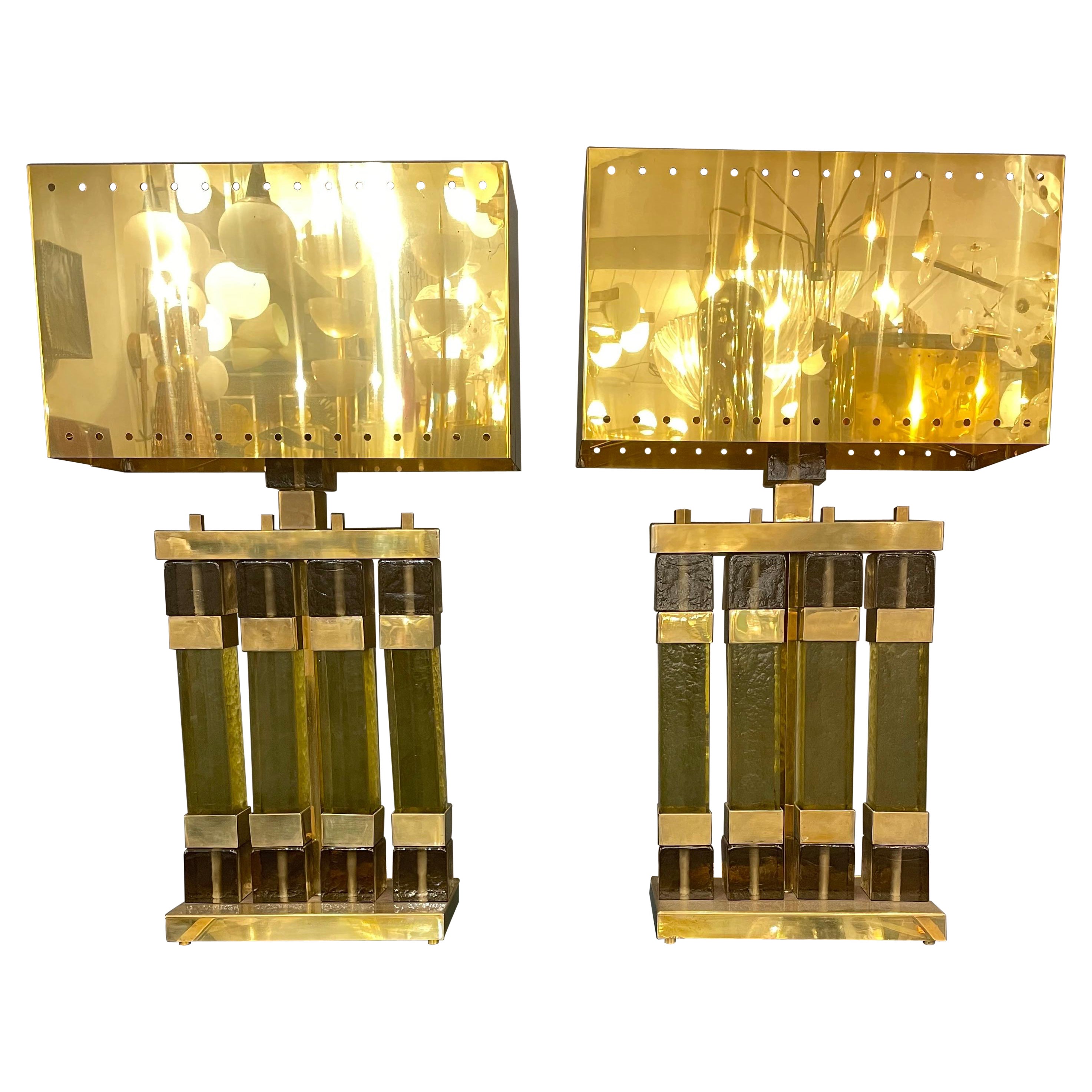 Pair of Oversized Murano Glass Lamps with Brass Ornaments, circa 1980