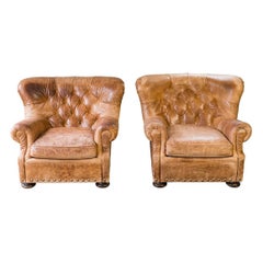 Pair of Matching Tufted Cigar Leather Wingback Writers Arm Chairs Armchairs