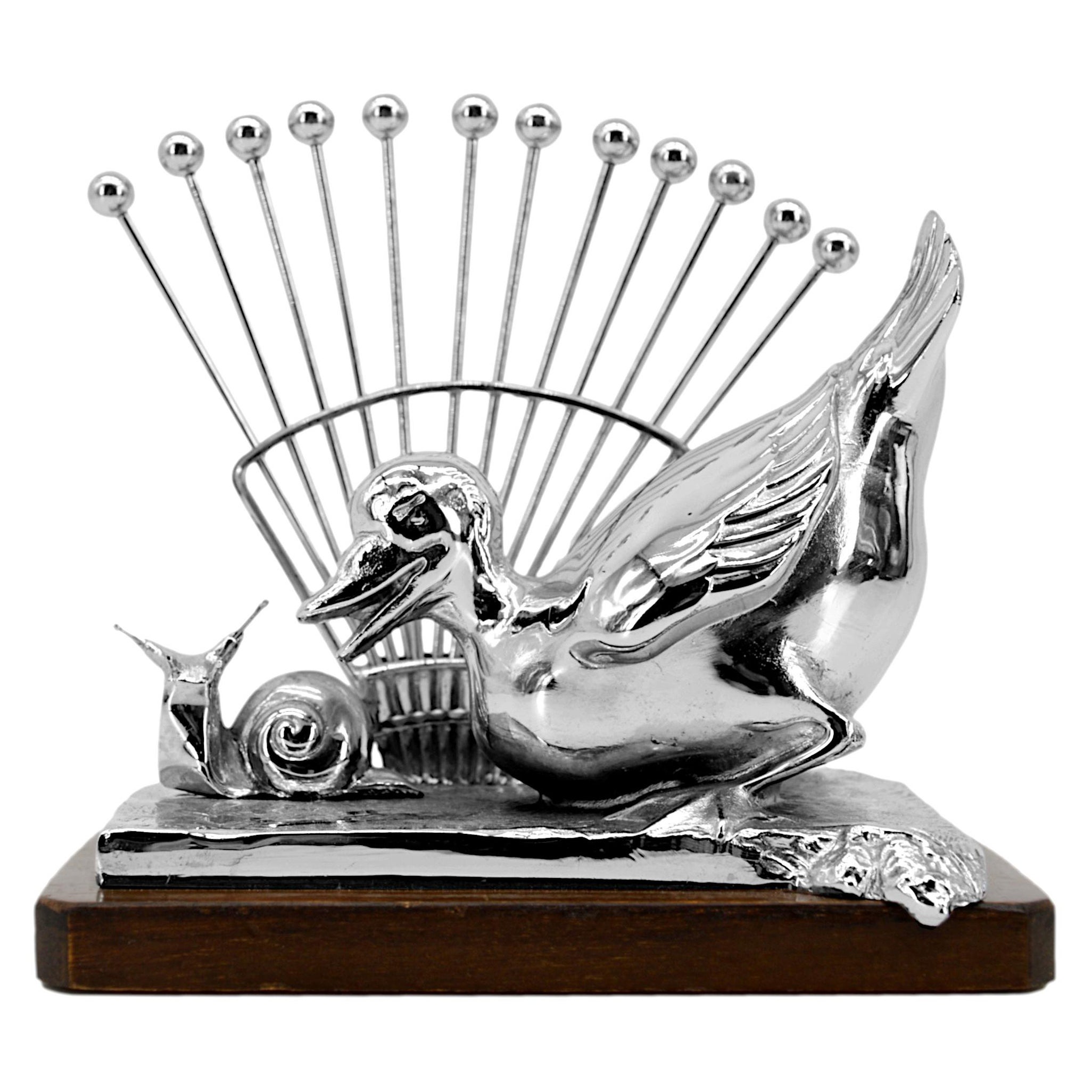 French Art Deco Chrome and Bakelite Cocktail Pick Set with Snail Holder