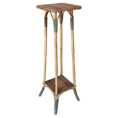 Retro 1970s Spanish 2-Tone Woven Cane & Bamboo Tall Plant Stand