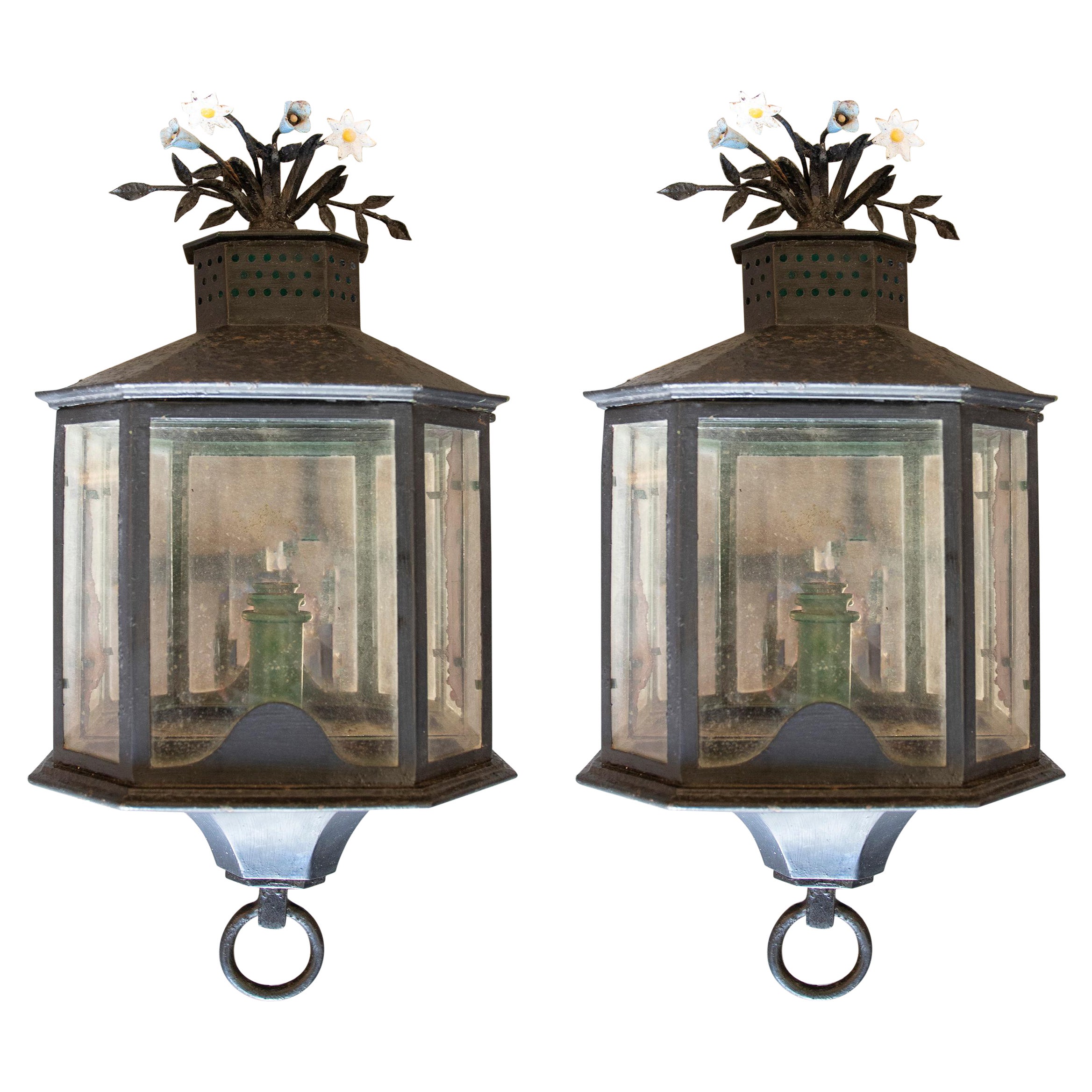 Pair of 1970s Spanish Iron Wall Lantern Lamps w/ Flower Decorations