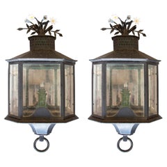 Pair of 1970s Spanish Iron Wall Lantern Lamps w/ Flower Decorations