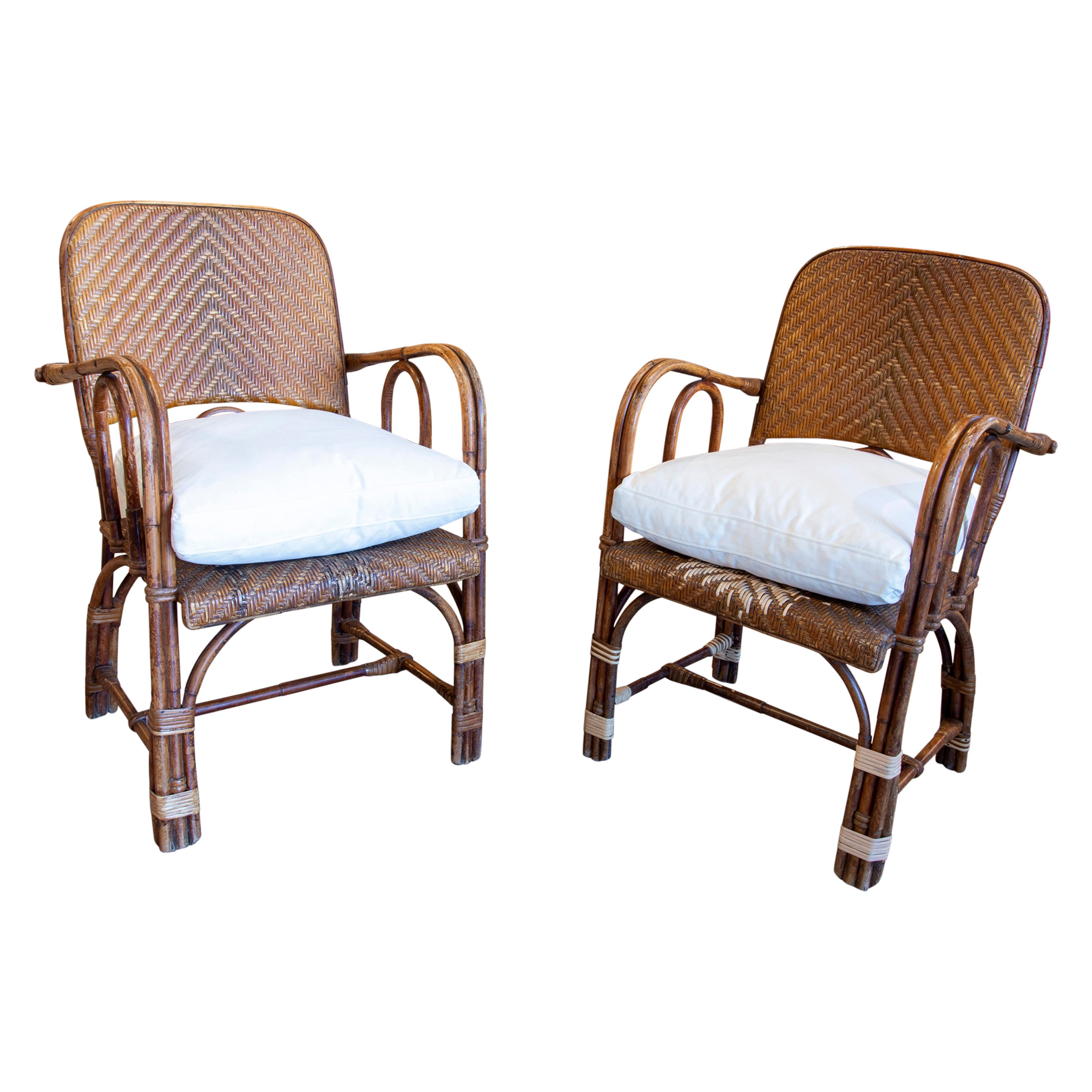 Pair of 1950s Spanish Bamboo & Woven Wicker Armchairs