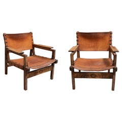 Pair of 1970s Spanish Designer Leather & Wood Armchairs by Paco Muñoz