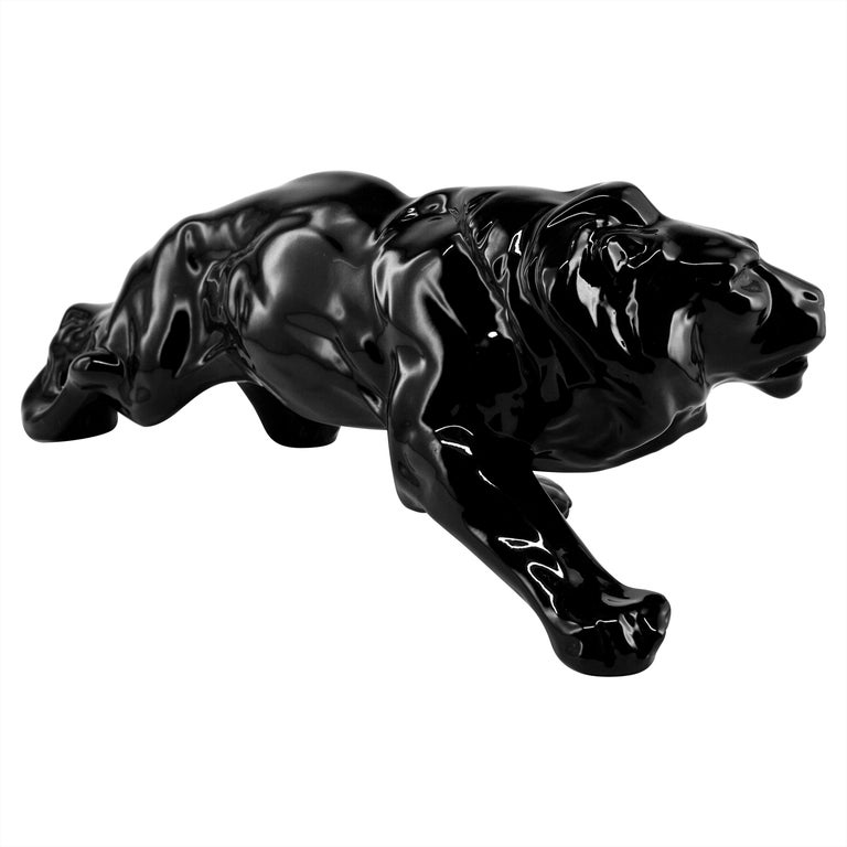 French Art Deco Ceramic Black Lion, 1930s For Sale