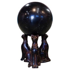 1970s Spanish Black Marble Ball on Three Bronze Cats Pedestal