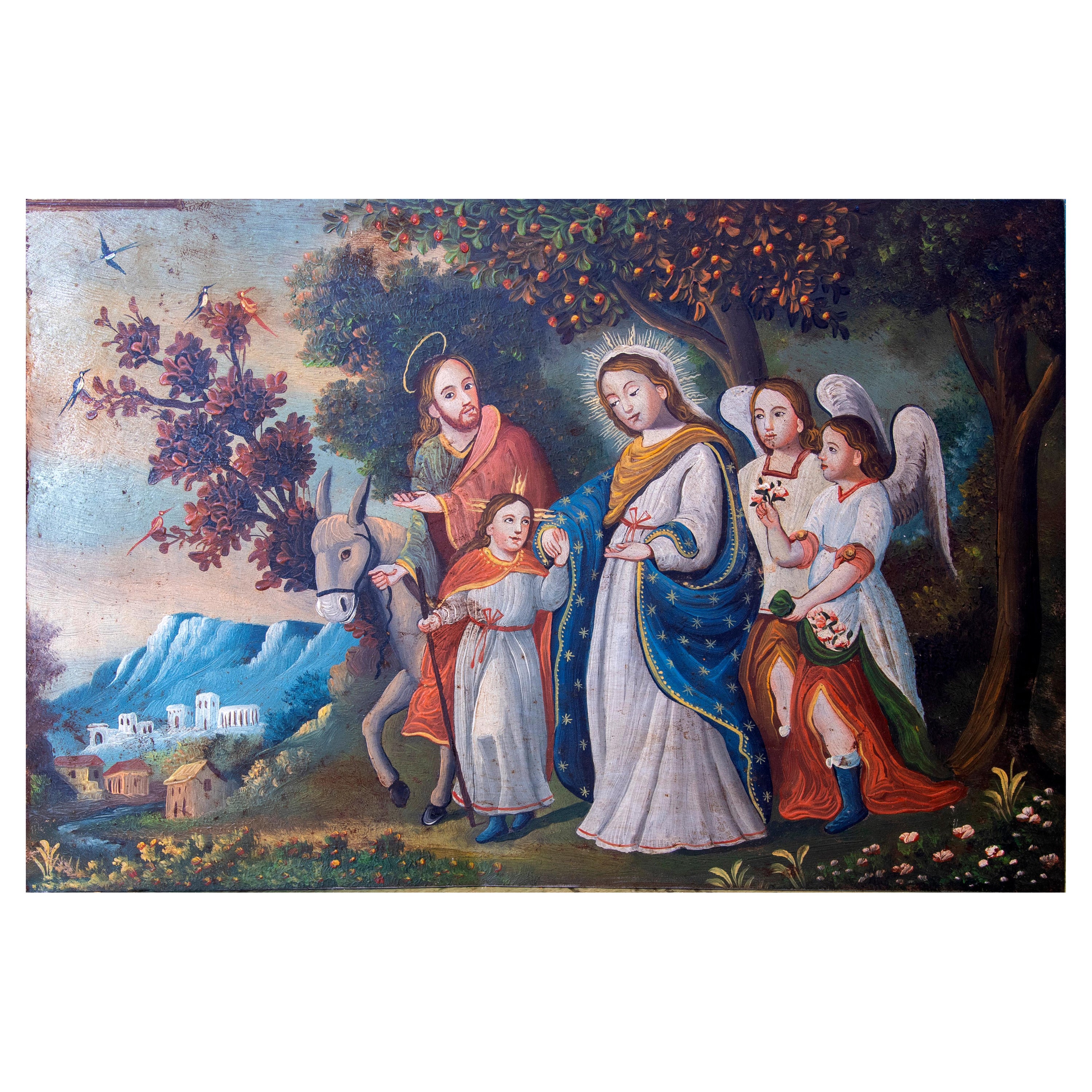 1850 Mexikanisches religiöses Gemälde im Kolonialstil, Öl auf Kupfer, 1850  im Angebot