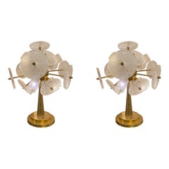 Pair of Italian Sputnik Table Lamps in Brass and White Murano Glass, circa 1980