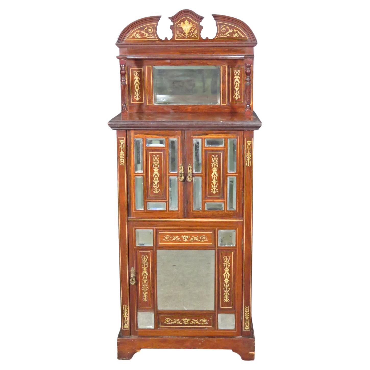 Bone Inlaid Edwardian Rosewood Mirrored Music Cabinet Circa 1910